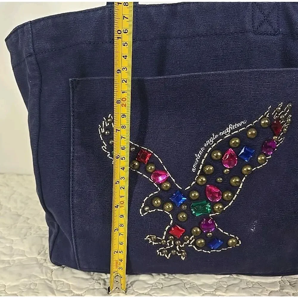 American Eagle Outfitters Navy Canvas Tote Bag Jeweled Eagle Studded Y2K